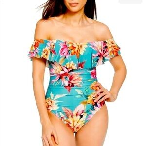 La Blanca Women's Off Shoulder Ruffle Blue One Piece Swimsuit